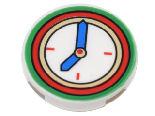 Tile, Round 2 x 2 with Bottom Stud Holder with Green and Red Clock with White Face and Blue Hands Pattern