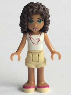Friends Andrea, Tan Shorts, White Top with Necklace with Music Notes