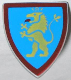 Minifigure, Shield Triangular  with Yellow Lion Standing on Blue Background with Red Border Pattern Pattern