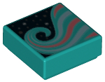 Tile 1 x 1 with Groove with Metallic Light Blue and Coral Swirl on Black Background Pattern