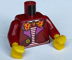 Torso Jacket with Dark Pink Lapels and Bright Light Orange Button over Shirt with Red and White Stripes, Bow Tie with Polka Dots Pattern (BAM) / Dark Red Arms / Yellow Hands