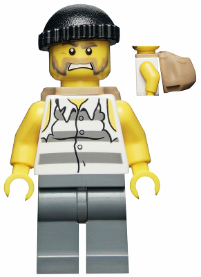Police - Jail Prisoner Shirt with Prison Stripes and Torn out Sleeves, Dark Bluish Gray Legs, Black Knit Cap, Backpack