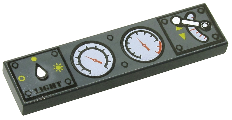 Tile 1 x 4 with Light Switch, 2 White Gauges and Train Throttle Pattern