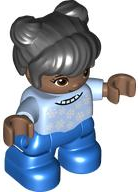 Duplo Figure Lego Ville, Child Girl, Blue Legs, Bright Light Blue Top with White Snowflakes, Reddish Brown Eyes, Black Hair