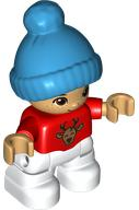 Duplo Figure Lego Ville, Child Boy, White Legs, Red Top with Deer Buck, Freckles, Reddish Brown Eyes, Dark Azure Bobble Cap