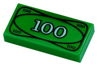 Tile 1 x 2 with White 100 Paper Bill Money Pattern