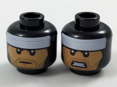 Minifigure, Head Dual Sided Balaclava, White Headband, Medium Nougat Face, Black Stubble, Neutral / Gritted Teeth Pattern - Hollow Stud