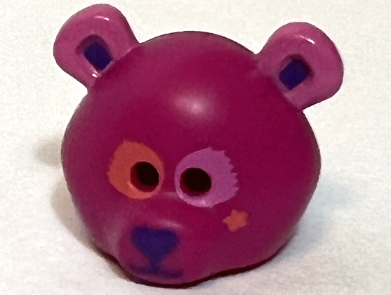 Minifigure, Headgear Mask Bear Rounded with Coral and Dark Pink Eye Patches, Dark Purple Auricles, Nose, and Mouth, Star Pattern (BAM)