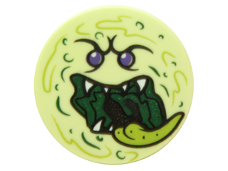 Tile, Round 2 x 2 with Bottom Stud Holder with Ghost Face with Dark Purple Eyes, Dark Green Open Mouth, White Sharp Teeth, and Lime Tongue Pattern