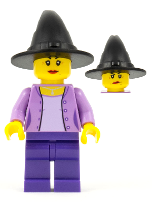 Woman, Medium Lavender Jacket with Necklace, Dark Purple Legs, Black Wizard / Witch Hat
