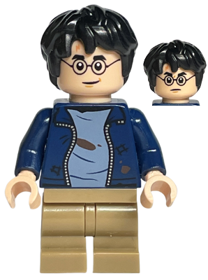 Harry Potter - Dark Blue Open Jacket over Sand Blue Shirt with Dirt Stains, Dark Tan Medium Legs, Grin / Stern
