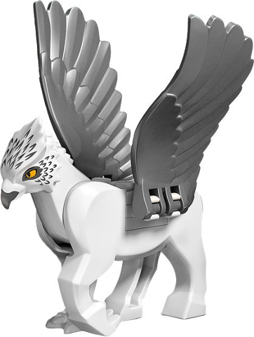 Hippogriff with Flat Silver Wings, with Beak, Dark Bluish Gray and Silver Feathers, and Bright Light Orange Eyes Pattern (HP Buckbeak) - Plate 2 x 2 White