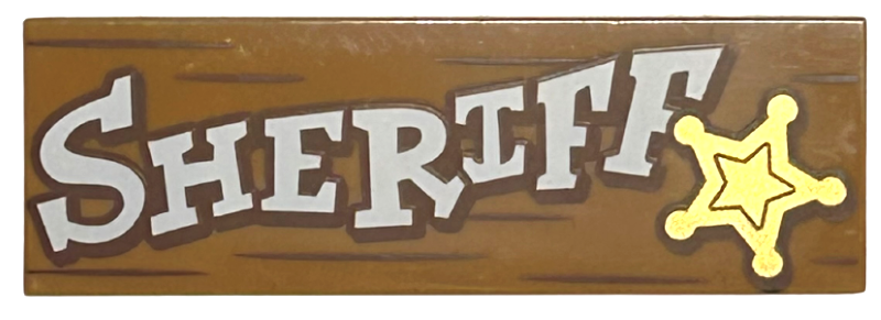 Tile 2 x 6 with White 'SHERIFF', Gold Star and Reddish Brown Wood Grain Lines Pattern