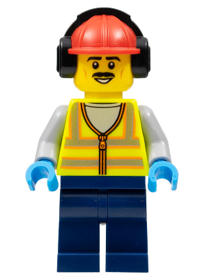 Stuntz Crew - Male, Neon Yellow Safety Vest, Dark Blue Legs, Red Construction Helmet with Black Ear Protectors / Headphones