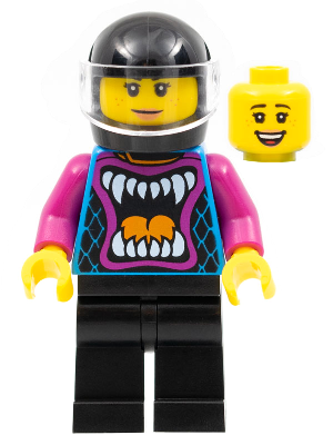 Ann McCloud - Stuntz Driver, Dark Azure Jacket with Animal Mouth and Magenta Arms, Black Legs, Black Helmet, Trans-Clear Visor