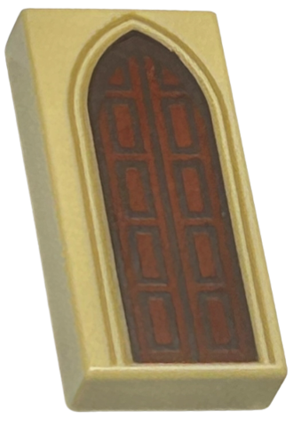 Tile 1 x 2 with Reddish Brown Door with Dark Brown Edges and Rectangles and Dark Tan Arch Pattern