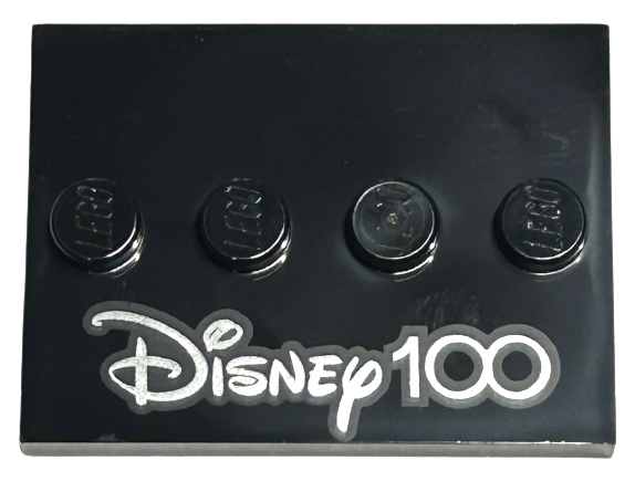 Tile, Modified 3 x 4 with 4 Studs in Center with Silver 'Disney 100' Pattern