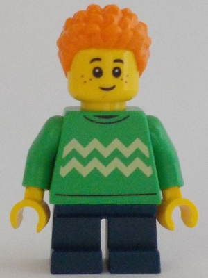 Child - Boy, Bright Green Sweater with Bright Light Yellow Zigzag Lines, Dark Blue Short Legs, Orange Short Coiled Hair, Freckles