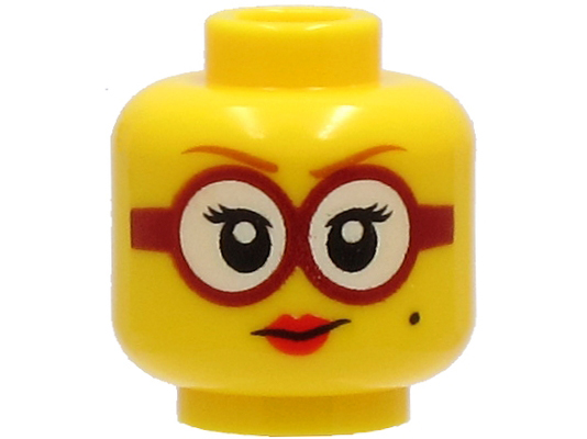 Minifigure, Head Female Dark Orange Eyebrows, Glasses Round with White Lenses and Dark Red Frames, Beauty Mark, Red Lips, Smile Pattern