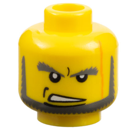 Minifigure, Head Male Dark Bluish Gray Bushy Eyebrows and Beard, Dimple, Long Scar Line, Open Mouth Scowl with Teeth Pattern