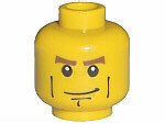 Minifigure, Head Reddish Brown Thick Eyebrows, Black Cheek Lines and Chin Dimple, Smirk Pattern