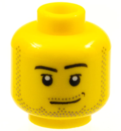 Minifigure, Head Male Smirk, Black Dimple, Pupils, Stubble Beard, Moustache, and Sideburns Pattern