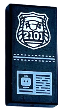 Tile 1 x 2 with Silver Police Badge with '2101' and ID Pattern