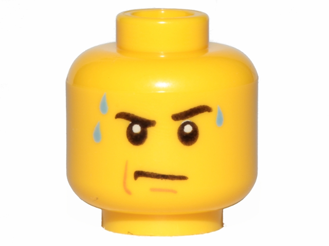 Minifigure, Head Black Eyebrows, Left Raised, Bright Light Blue Sweat Drops, Nougat Jowl Line and Chin Dimple, Stern Pattern