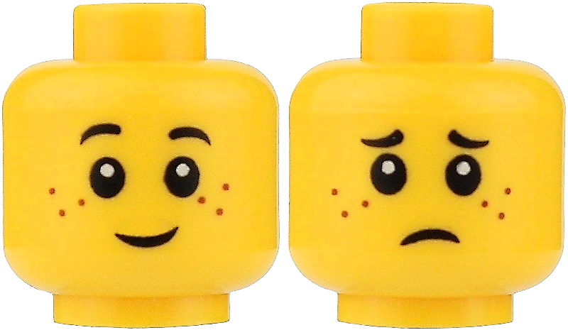 Minifigure, Head Dual Sided Child Black Eyebrows, Reddish Brown Freckles, Grin / Sad Frown Pattern