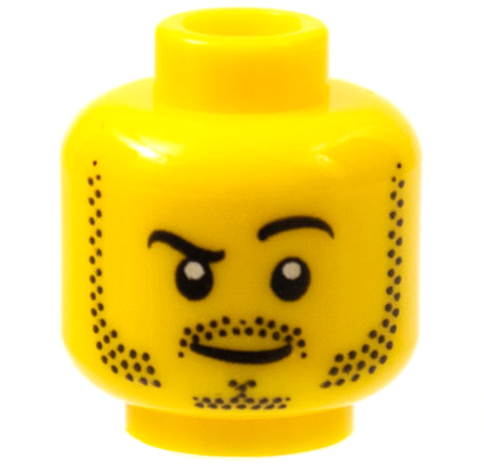 Minifigure, Head Black Eyebrows, Left Raised, Moustache, Mutton Chops and Goatee Stubble, Lopsided Grin Pattern