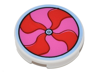 [P 14769pb154 (White)] Tile, Round 2 x 2 with Bottom Stud Holder with Red and Dark Pink Pinwheel Pattern