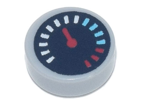 [P 98138pb175 (Light Bluish Gray)] Tile, Round 1 x 1 with Black Gauge with Red Pointer and White, Medium Azure, and Red Tick Marks Pattern