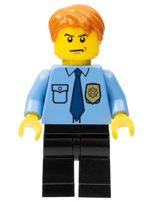 [M cty0212 (No Colour)] Police - City Shirt with Dark Blue Tie and Gold Badge, Black Legs, Dark Orange Short Tousled Hair