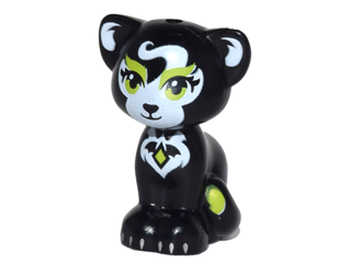 [P 11602pb03 (Black)] Cat, Friends / Elves, Sitting with Lime Eyes, Eyebrows and Diamond Medallion, Black Nose and White Patches Pattern (Jynx)