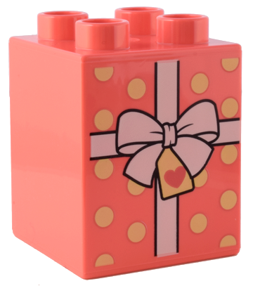 [P 31110pb183 (Coral)] Duplo, Brick 2 x 2 x 2 with Present / Gift with White Ribbon with Bow and Bright Light Yellow Polka Dots Pattern