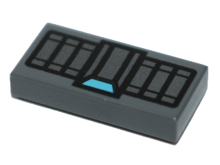 [P 3069pb0558 (Dark Bluish Gray)] Tile 1 x 2 with Silver Rectangles and Medium Azure Trapezoid Pattern [Black Widow Cuff]