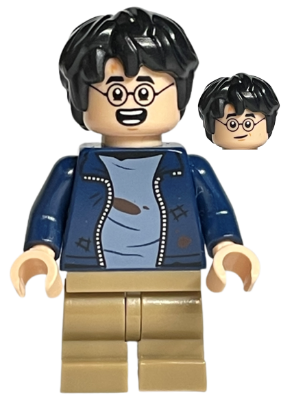 [M hp364 (No Colour)] Harry Potter - Dark Blue Open Jacket over Sand Blue Shirt with Dirt Stains, Dark Tan Medium Legs, Lopsided Grin / Open Mouth Smile with Teeth Parted