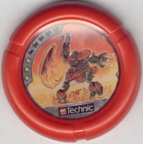 [P 32171pb008 (Red)] Throwing Disk with Throwbot Torch / Slizer Fire 3 Pips, LEGO Technic Logo, and Robot Throwing Disk Pattern