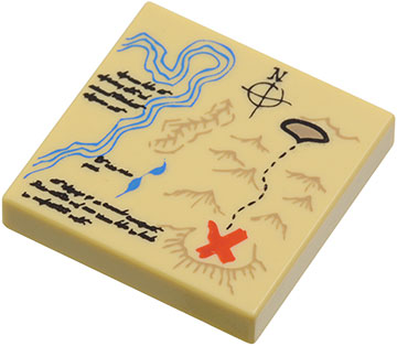[P 3068pb0148 (Tan)] Tile 2 x 2 with Map River, Dark Tan Mountains, Handwriting and Red 'X' Pattern