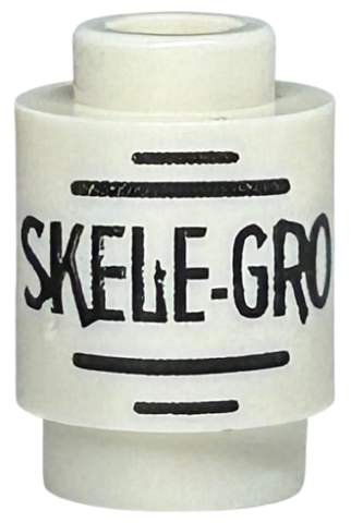 [P 3062pb071 (White)] Brick, Round 1 x 1 with Black 'SKELE-GRO' and Lines Pattern