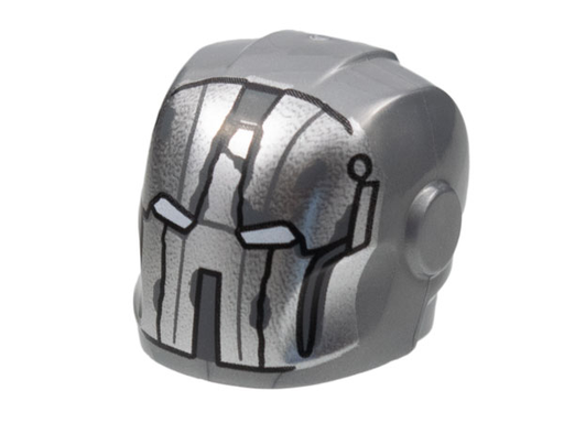 [P 28631pb21 (Flat Silver)] Minifigure, Headgear Helmet Armor Plates and Ear Protectors with Silver Faceplate, White Eye Slits, Weathering Cracks Pattern