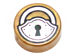 [P 98138pb012 (Pearl Gold)] Tile, Round 1 x 1 with Black and Silver Padlock Pattern