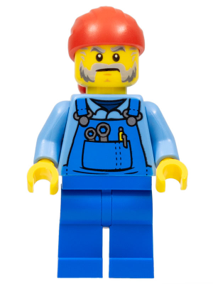 [M cty1103 (No Colour)] Tow Truck Driver - Male, Blue Overalls over Medium Blue Shirt, Blue Legs, Red Bandana, Beard, Back Print