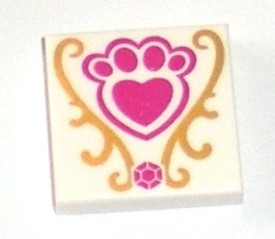 [P 3068pb0980 (White)] Tile 2 x 2 with Magenta Jewel and Paw Print with Heart and Gold Decorations Pattern