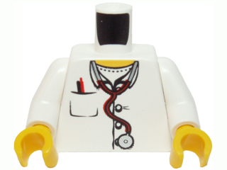 [P 973pb0408c01 (White)] Torso Hospital Lab Coat, Open Collar, Stethoscope, Pocket Pen, and Thermometer Pattern / White Arms / Yellow Hands