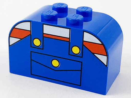 [P 4744px7 (Blue)] Slope, Curved 4 x 2 x 2 Double with 4 Studs with Overalls with Pocket and Yellow Buttons over Shirt with Red and White Stripes Pattern