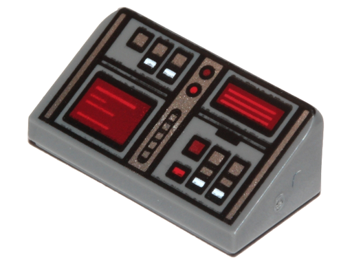 [P 85984pb127 (Dark Bluish Gray)] Slope 30 1 x 2 x 2/3 with Red, White, and Silver Buttons, Dark Red Screens Pattern