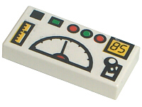 [P 3069p52 (White)] Tile 1 x 2 with Green and Red Buttons, Gauges, Joystick, and Black '85' Pattern