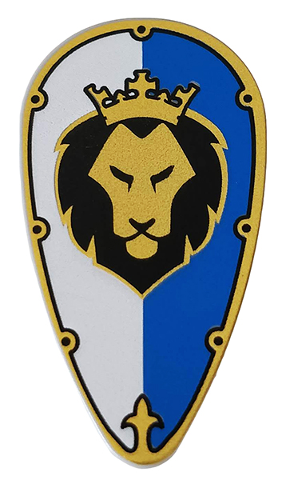 [P 2586pb006 (Light Bluish Gray)] Minifigure, Shield Oval with Gold and Black Border and Lion Head on White and Blue Background Pattern