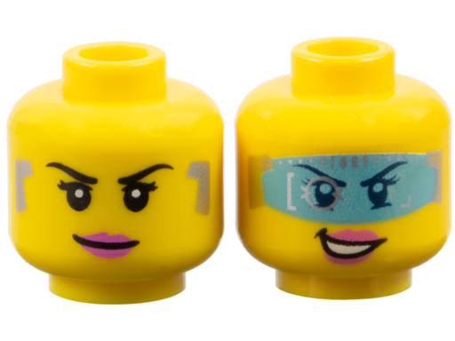 [P 3626pb1284 (Yellow)] Minifigure, Head Dual Sided Female Digital Eye Glasses, Pink Lips, Smirk / Visor Open Pattern (Caila Phoenix)